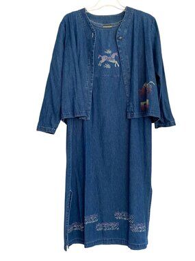 Vintage Blue Cactus Denim Jumper Dress & Jacket Aztec Southwest USA Made Size L
